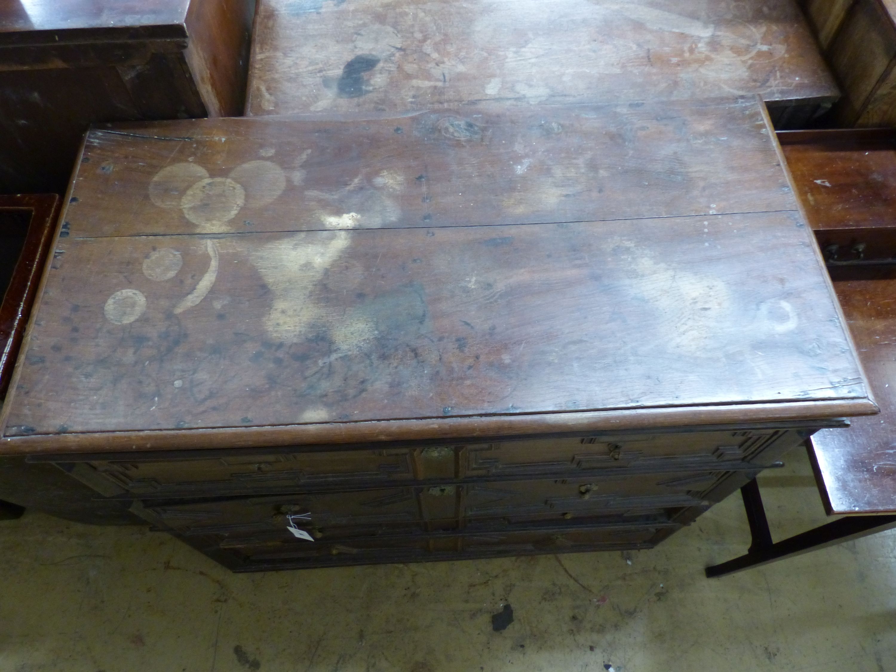 An early 18th century oak chest of four drawers, width 107cm